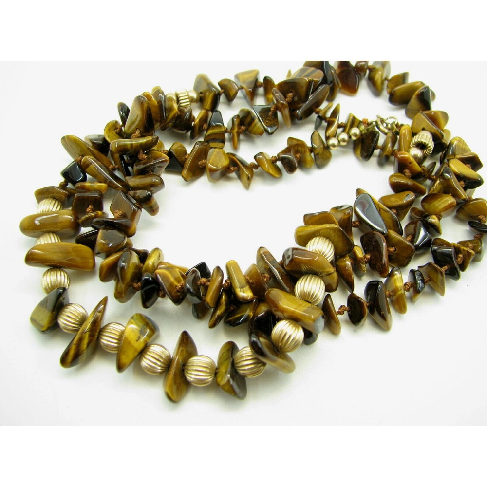 12K YELLOW GOLD FILLED GF Brown Tiger's Eye GEMSTONE CHIP NECKLACE Fluted Beads